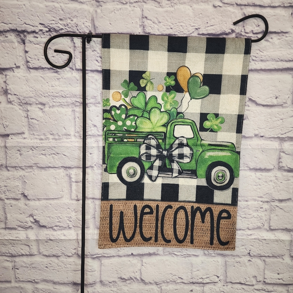 St. Patrick's Day Garden Flag, Green Truck And Shamrocks, Welcome, NEW